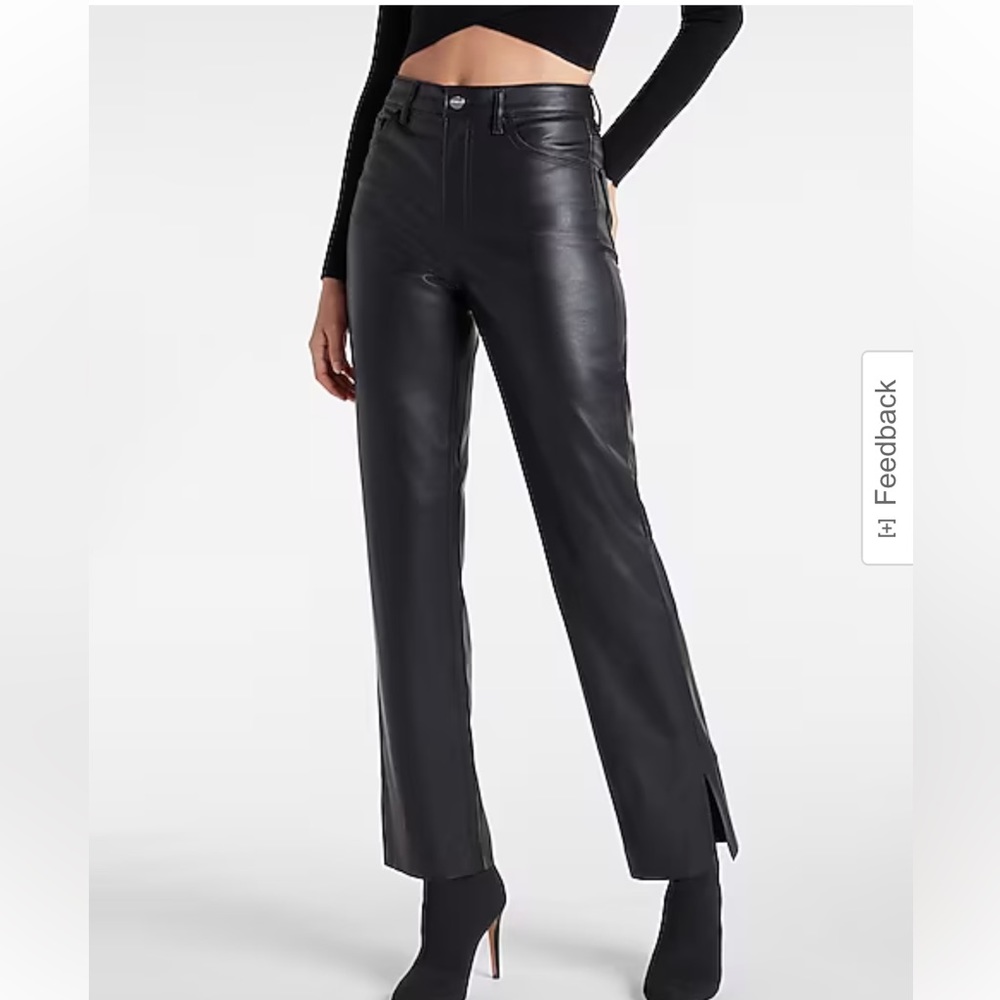 Super High Waisted Faux Leather Vented Hem Modern Straight Pant